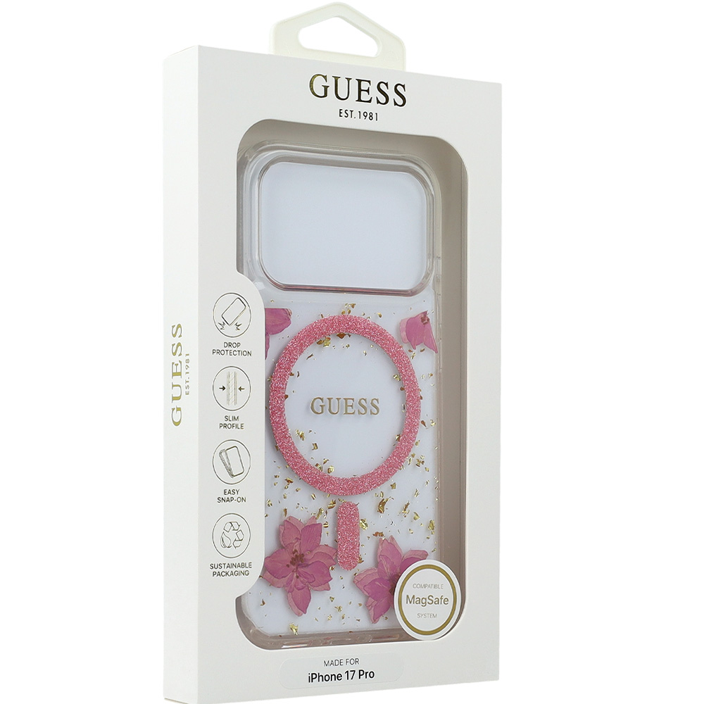 Etui Guess Resin Flowers Glitter MagSafe do iPhone 17 Pro, różowe z kwiecistym wzorem